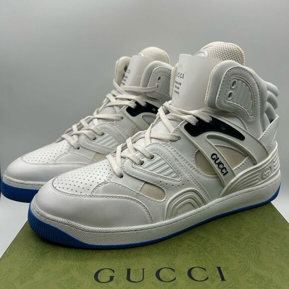 NEW GUCCI MEN CURRENT VEGAN LEATHER HIGH TOP LOGO BASKET SNEAKER SHOES US 10.5 - Picture 5 of 12